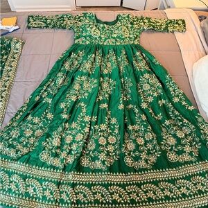 Green Embroidered Party Dress with Gold Accents Anarkali with Dupatta